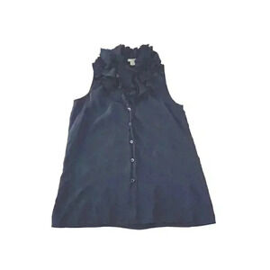 J. Crew Women's Ruffle Neck Silk Blouse Button Front Sleeveless Blue Size 2